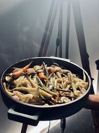 Close-up of roasted vegetables in iron skillet