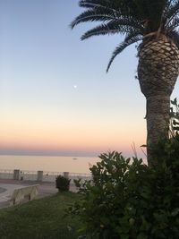 Scenic view of sea against clear sky at sunset