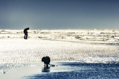 Silhouette man walking on beach against clear sky