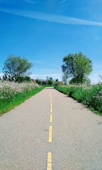 Road amidst trees against clear blue sky