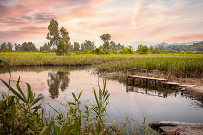 Scenic view of lake against sky during sunset