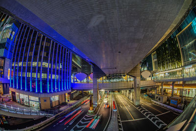 High angle view of illuminated escalator