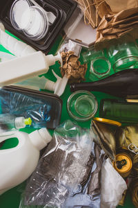 High angle view of wine bottles