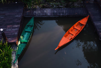 High angle view of boat moored in lake