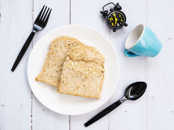 High angle view of breakfast served on table