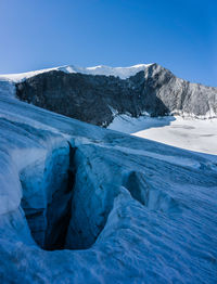 Scenic view of snowcapped mountains against blue sky