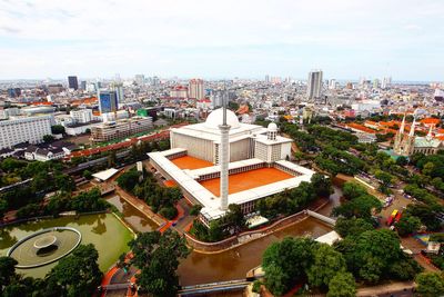 High angle view of cityscape against sky