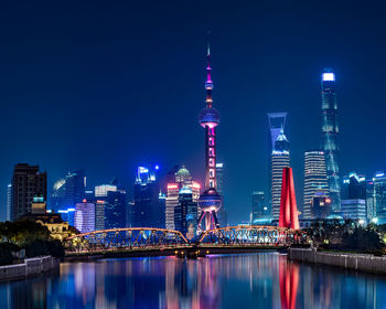 Illuminated buildings in city at night
