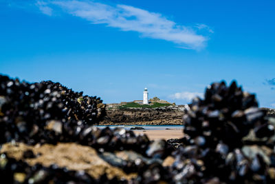 Lighthouse by sea against blue sky