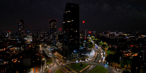 Aerial shot of manchester, uk at night.