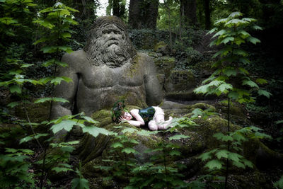 Statue of lion in forest