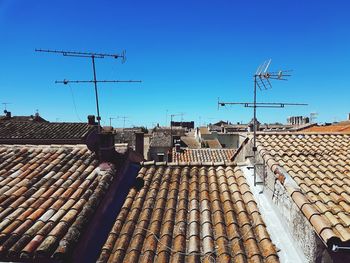 Roof of houses against clear blue sky