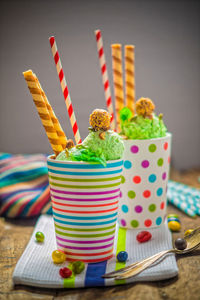 Close-up of fresh avocado ice cream served on table