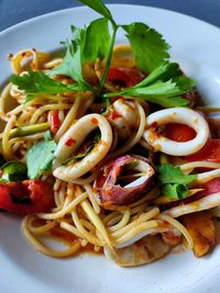 Close-up of seafood spaghetti