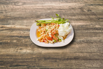 High angle view of salad in plate on table