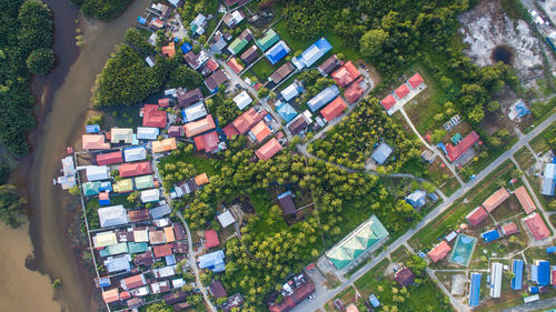 High angle view of trees and buildings in city