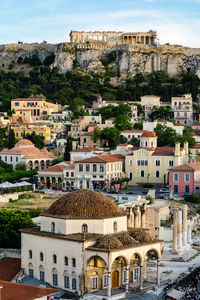 High angle view of buildings in town