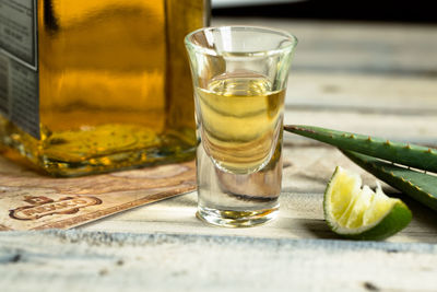 Close-up of tequila shot by lime and aloe vera on table