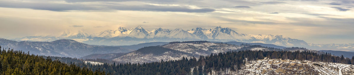 Panoramic shot of snowcapped mountains against sky