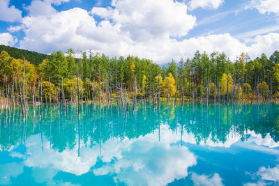 Panoramic view of swimming pool by lake against sky