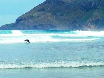 Man surfing in sea against sky