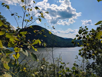 Scenic view of lake and mountains against sky