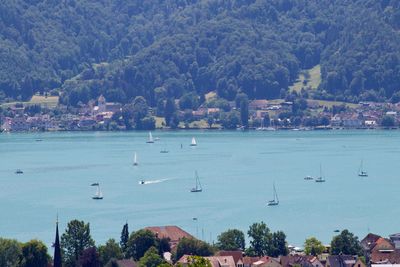 Scenic view of bay against clear sky