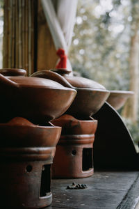 Close-up of traditional jars on table