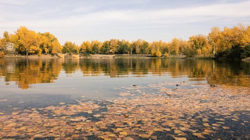 Scenic view of lake against sky during autumn