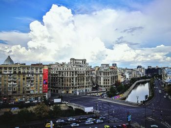 High angle view of buildings against sky