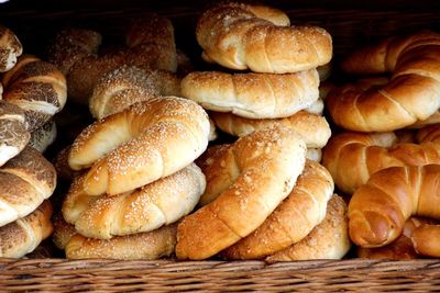 Close-up of croissants in whicker basket