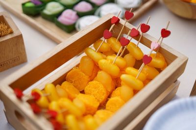 High angle view of chopped vegetables on table