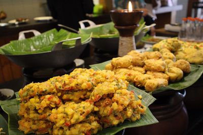 Close-up of food served on table