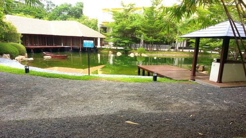 View of built structure with water in foreground