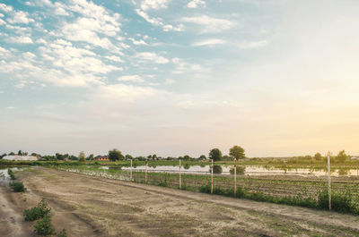 Natural disaster and crop loss risks. flooded field as a result of heavy rain. flood on the farm. 