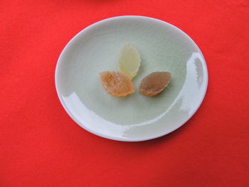 High angle view of fruits in plate