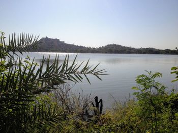 Scenic view of lake against clear sky