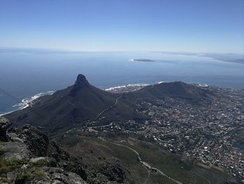 High angle view of sea and mountains against sky