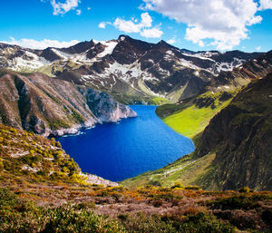 Scenic view of mountains against cloudy sky