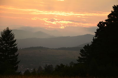 Silhouette trees on landscape against sky during sunset