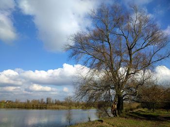 Scenic view of lake against cloudy sky