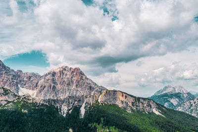 Panoramic view of mountain range against cloudy sky