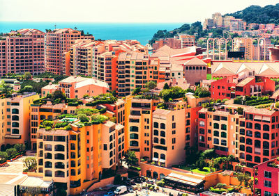 High angle view of residential district against sky