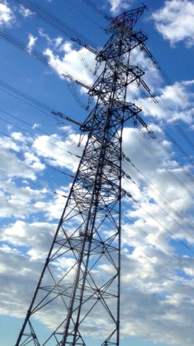 power line, sky, low angle view, electricity pylon, power supply, electricity, cable, cloud - sky, cloud, connection, fuel and power generation, blue, cloudy, technology, power cable, nature, day, outdoors, no people, tranquility