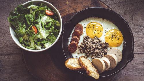 High angle view of breakfast served on table