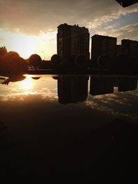 Reflection of silhouette buildings in water at sunset
