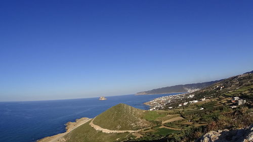 Scenic view of sea against clear blue sky