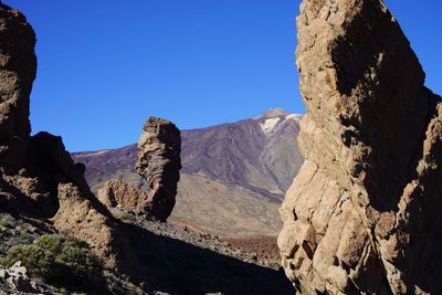 Scenic view of mountains against clear blue sky