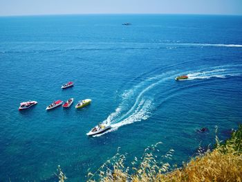 High angle view of boats in sea