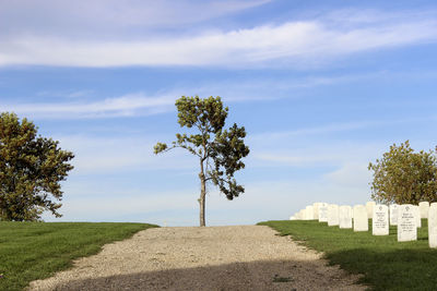 Dirt road in military cemetery against sky